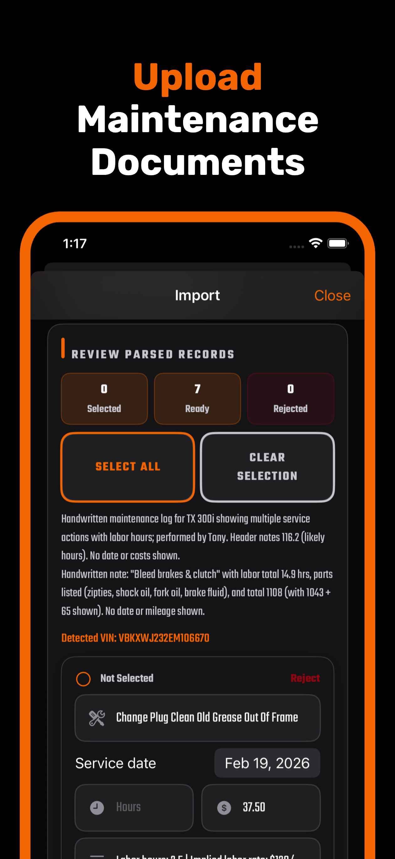 MotoMind document import and record parsing screen