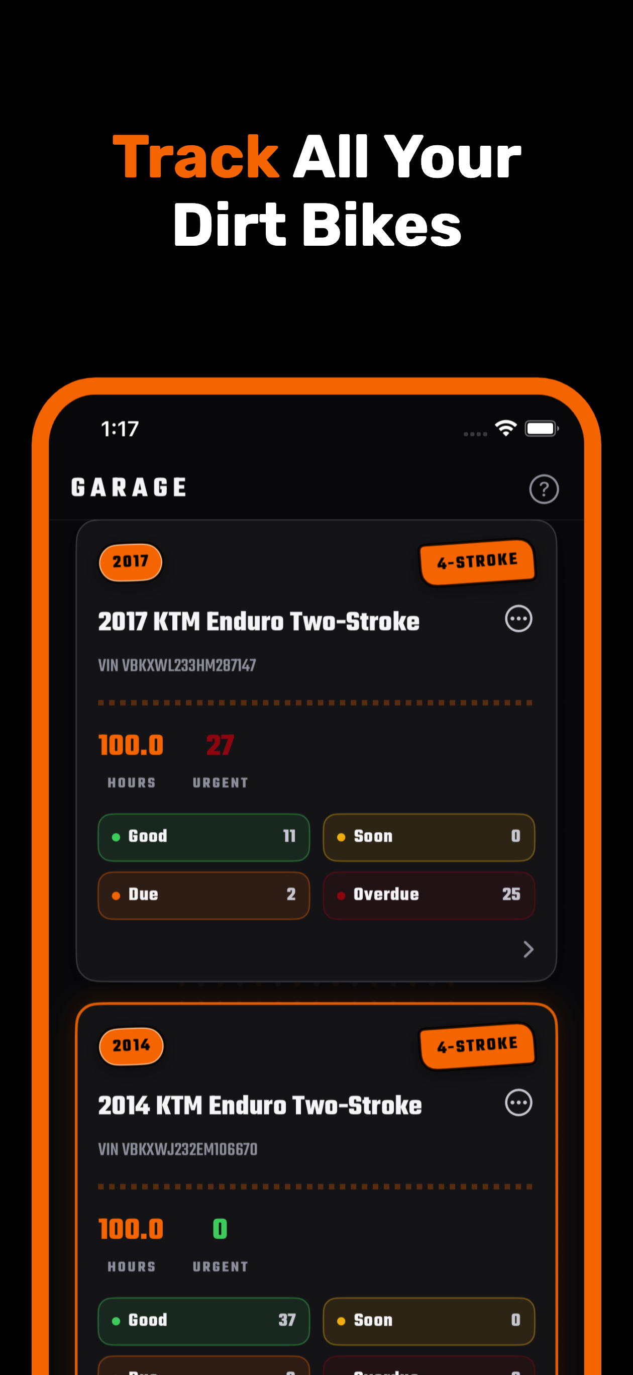 MotoMind garage overview with multiple bikes