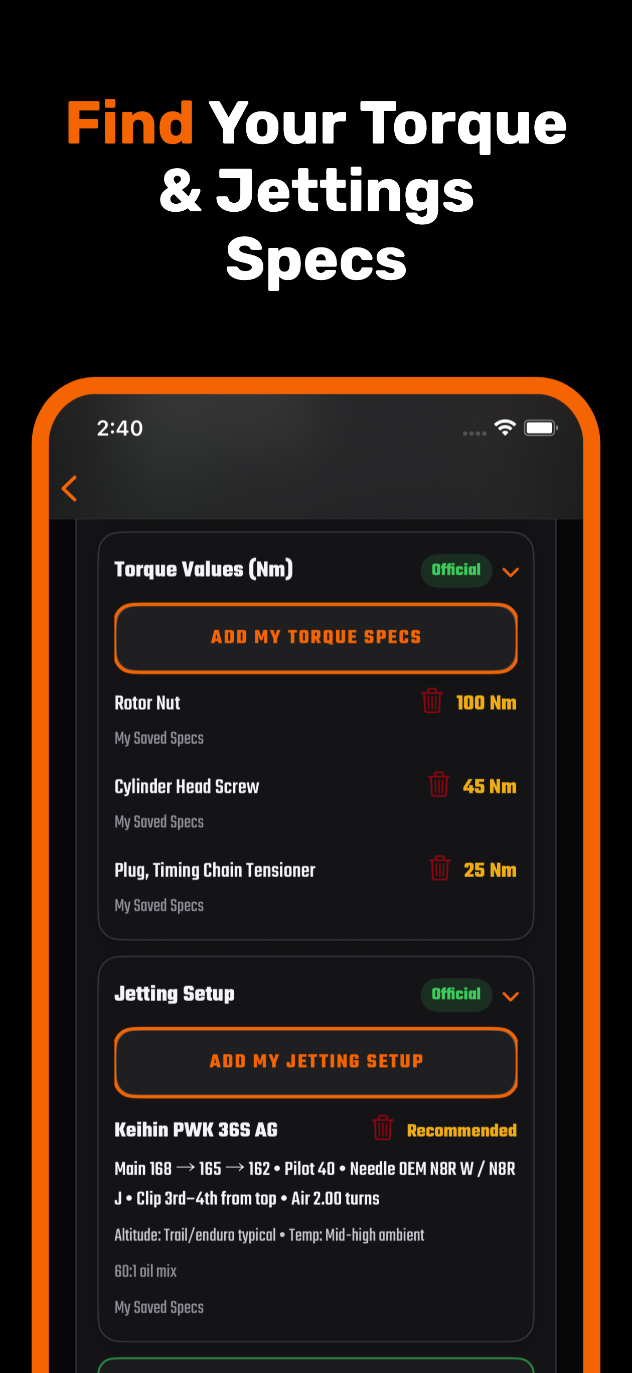 MotoMind torque and jetting specifications screen