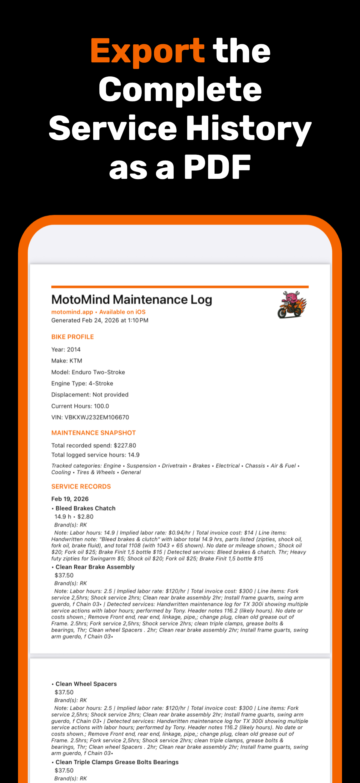 MotoMind service history PDF export preview