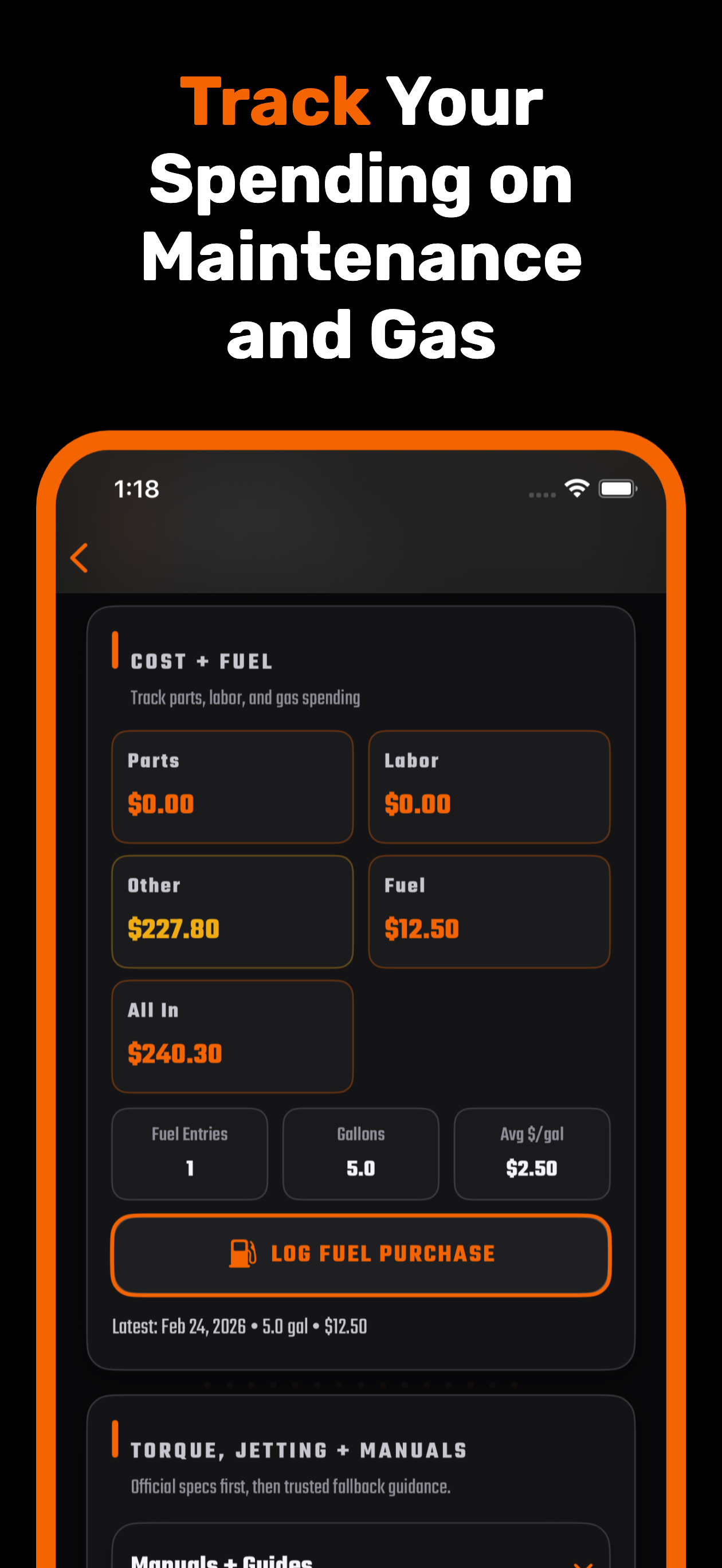 MotoMind maintenance and fuel spending screen